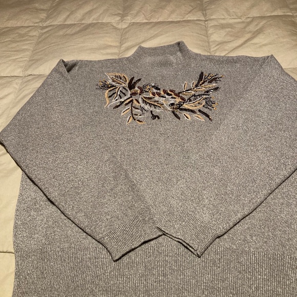 Hand-Beaded Gray/Tan Beautiful, Mock-neck, Long-sleeves, Soft Sweater - Picture 8 of 9